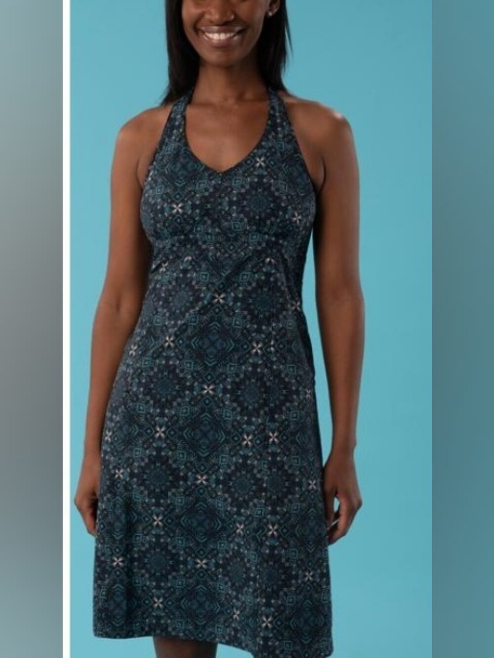 Krimson Klover Marina Halter Dress Medium Geometric Blue Black Smocked Back